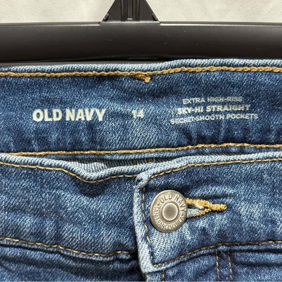 Old Navy Sky Hi Straight Distressed Jeans 14 Extra High Rise Dark Wash Raw Hem - Picture 4 of 9